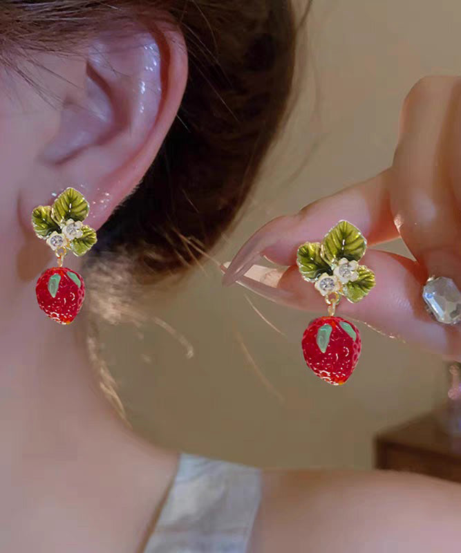 Resin Strawberry Sweet Fashionable Zircon Earrings Red