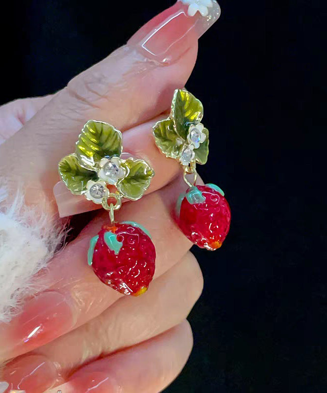 Resin Strawberry Sweet Fashionable Zircon Earrings Red