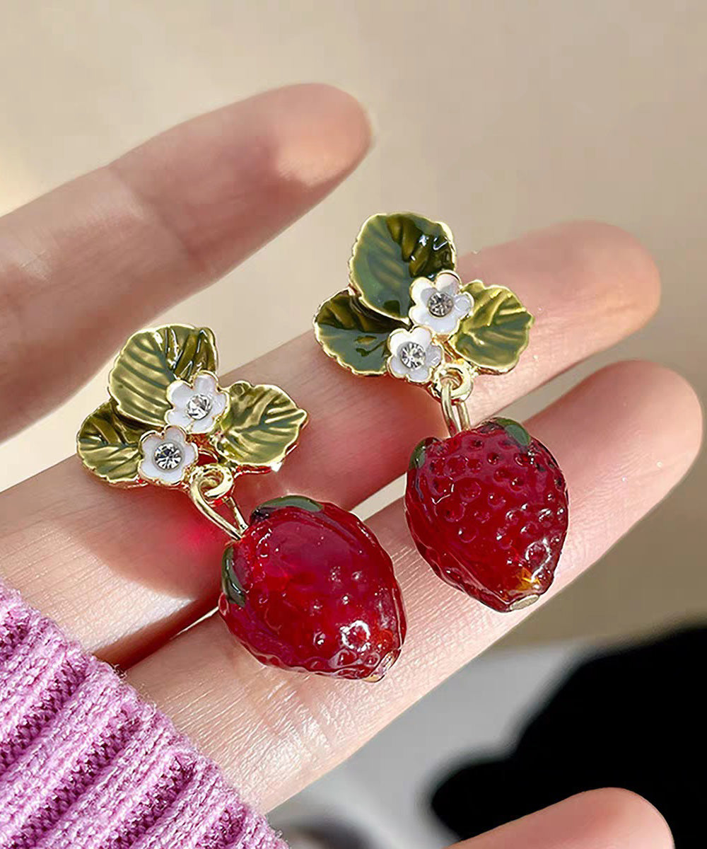 Resin Strawberry Sweet Fashionable Zircon Earrings Red