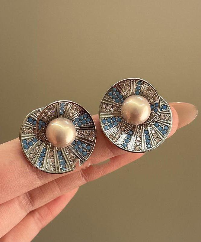 Pearl Colorblock Retro Shell Stud Copper Zircon Overgild Earrings