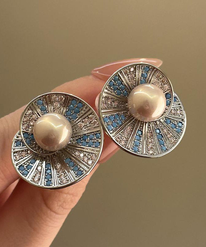 Pearl Colorblock Retro Shell Stud Copper Zircon Overgild Earrings