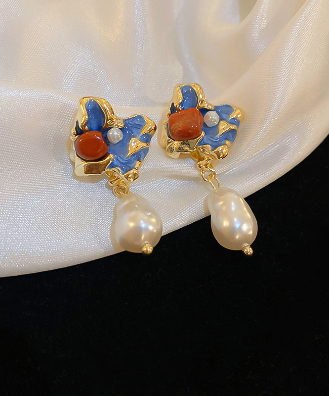 Copper Drop Floral Retro Alloy Pearl Earrings Multicolor
