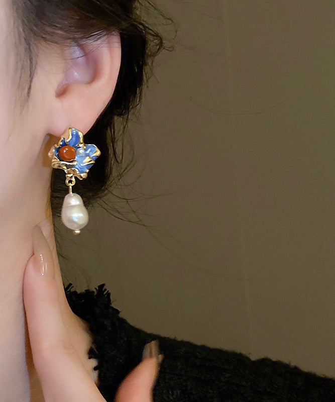 Copper Drop Floral Retro Alloy Pearl Earrings Multicolor