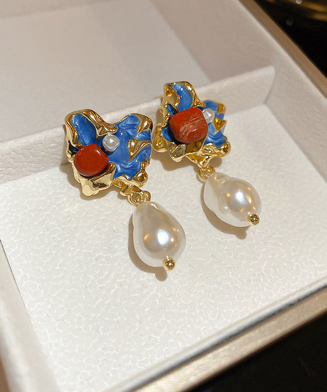 Copper Drop Floral Retro Alloy Pearl Earrings Multicolor