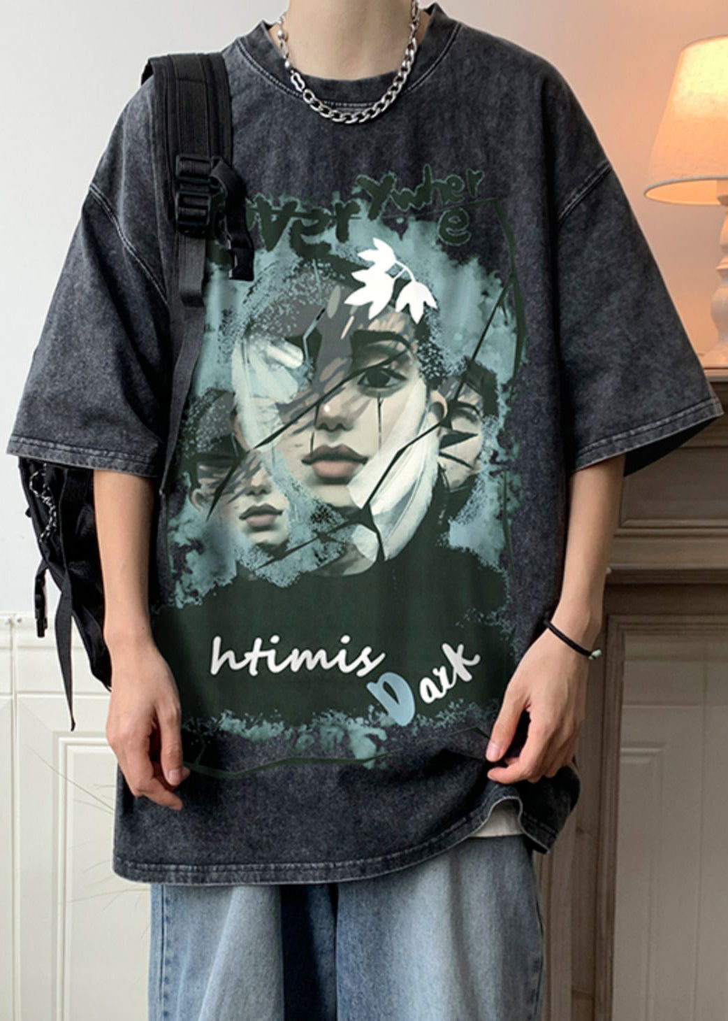 Men Shirts Half Rose Cotton T Print Sleeve Oversized