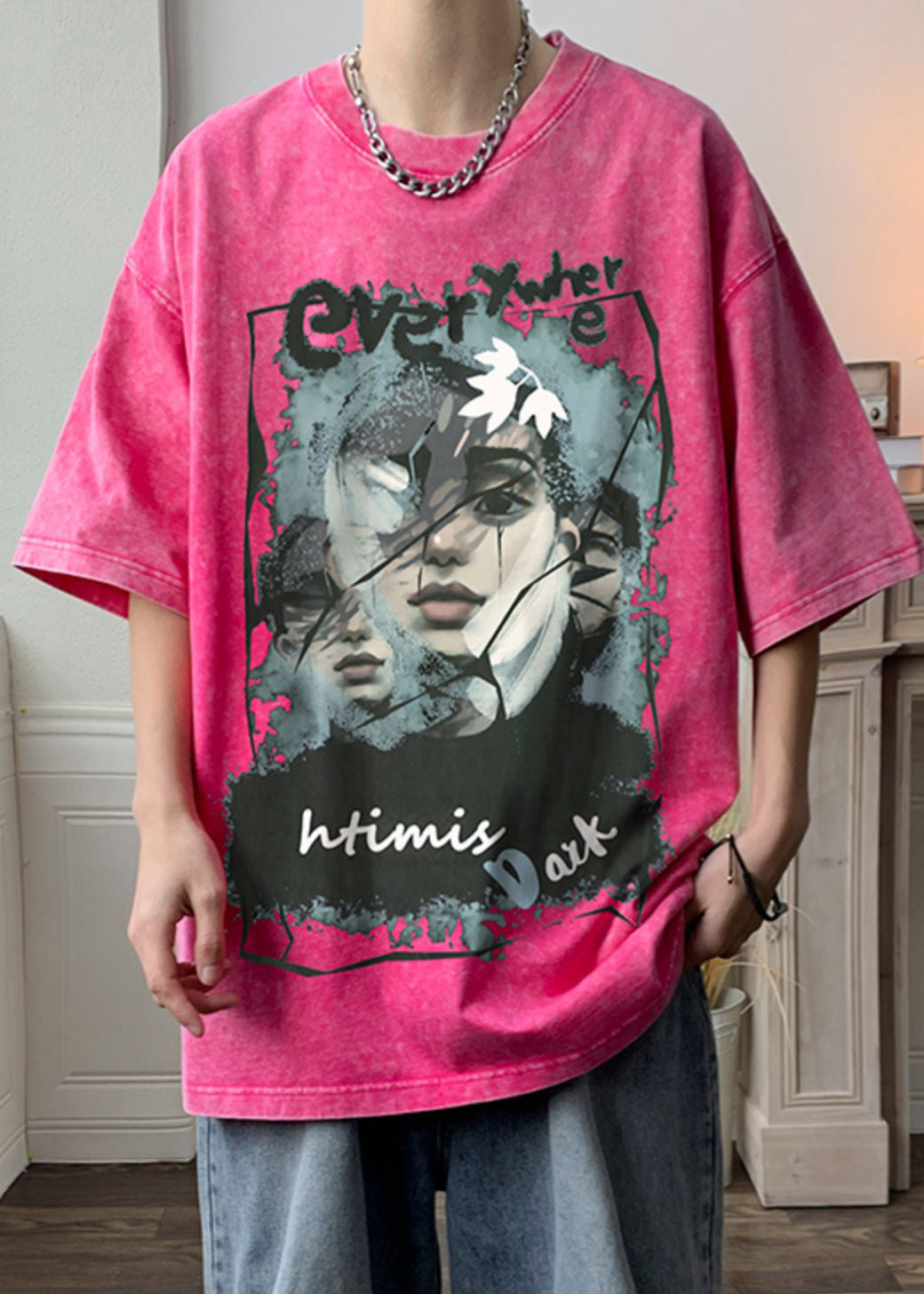 Men Shirts Half Rose Cotton T Print Sleeve Oversized