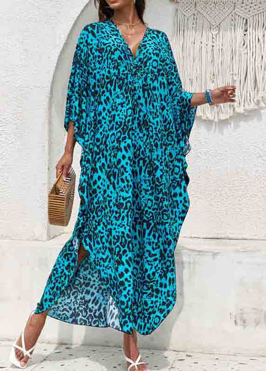 Blue Side Open Chiffon Sea Print Beach Dress V Summer Neck
