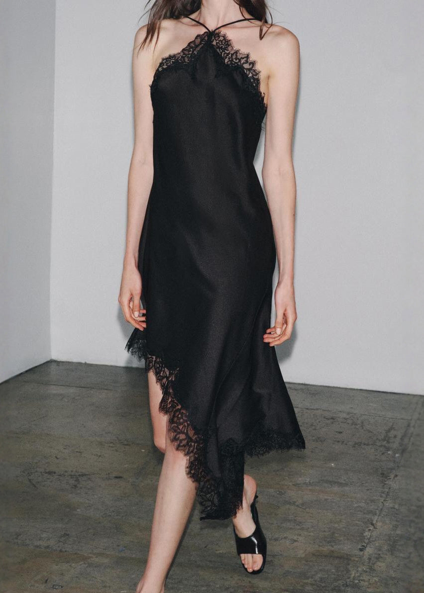 Silk Lace Sexy Asymmetrical Dresses Sleeveless Black Patchwork