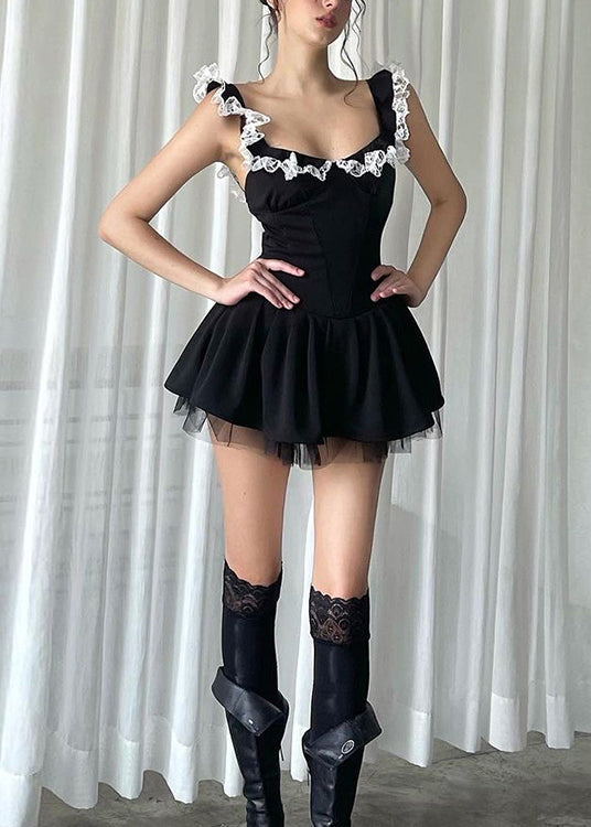 Ruffled Summer Black Cotton Sexy Patchwork Dress Mini Lace