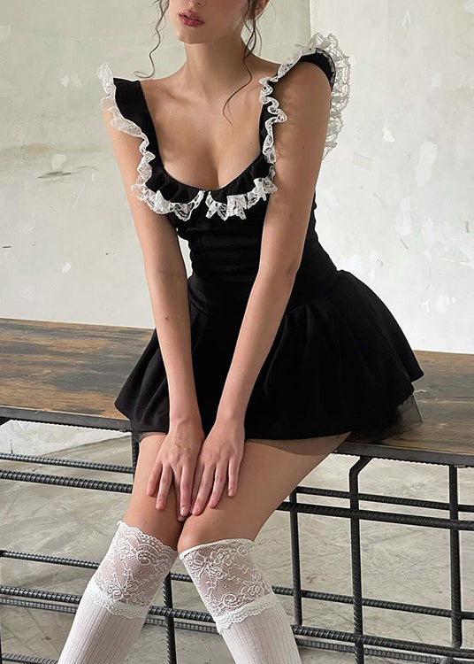 Ruffled Summer Black Cotton Sexy Patchwork Dress Mini Lace