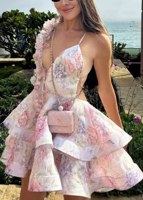 Backless Mid Floral Dress Sexy Lace Summer Up Cotton Pink