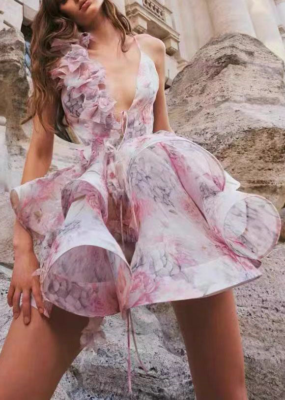 Backless Mid Floral Dress Sexy Lace Summer Up Cotton Pink