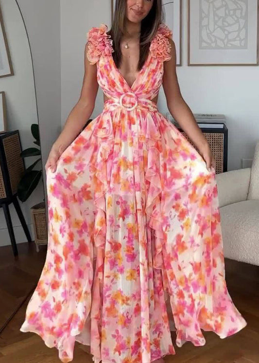 Sexy rosa Rüschendruck Schnürung Maxikleid aus Baumwolle ärmellos BB060