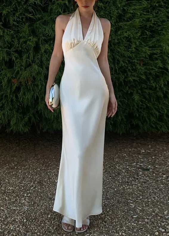 Long Sleeveless Neck Silk Sexy Halter V Dresses Backless