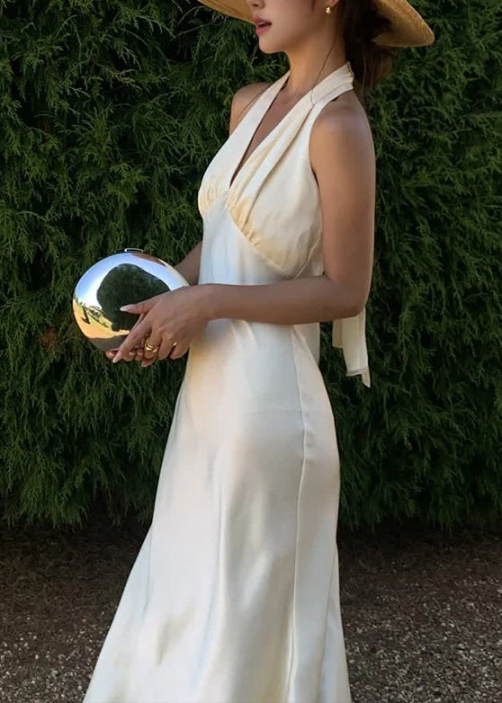 Long Sleeveless Neck Silk Sexy Halter V Dresses Backless