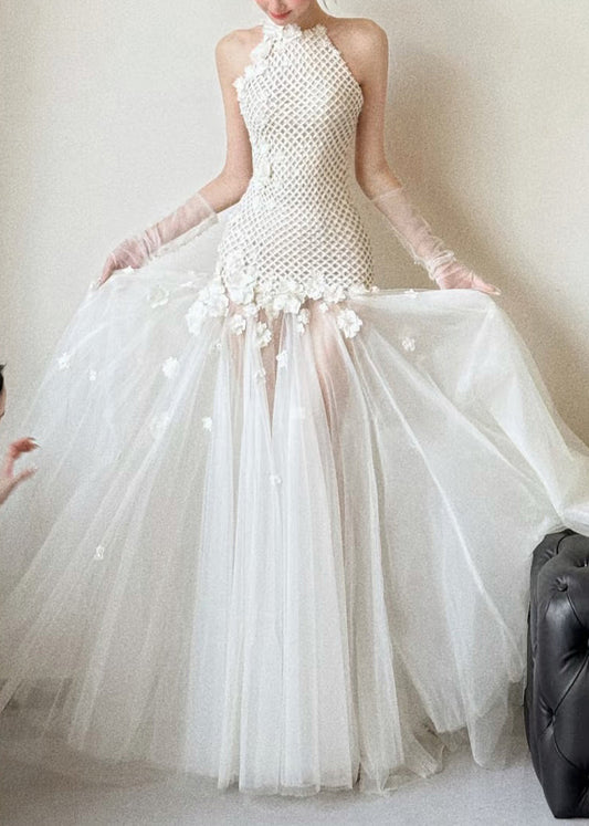 Party White Dress Out Sleeveless Hollow Tulle Patchwork Sexy