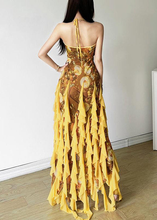 Print Open Sleeveless Yellow Sexy Ruffled Front Dress Tulle