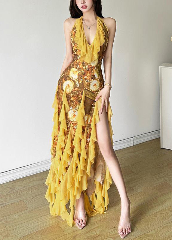Print Open Sleeveless Yellow Sexy Ruffled Front Dress Tulle