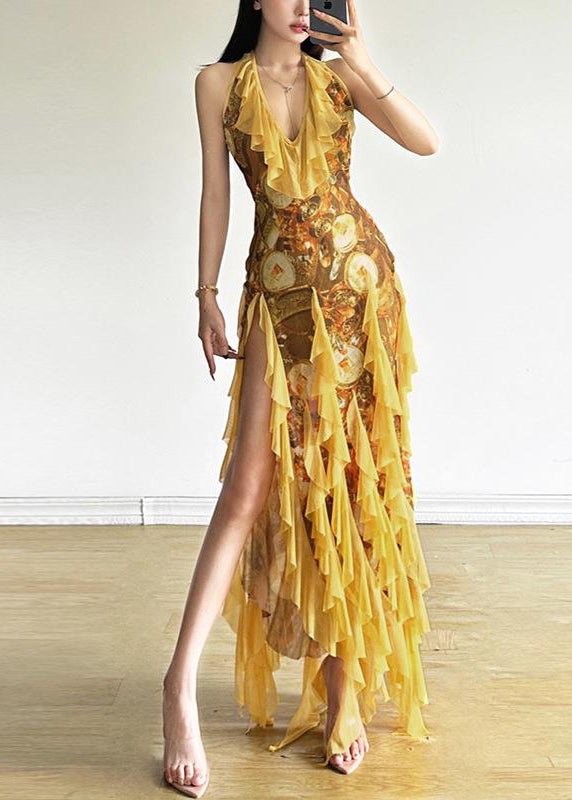 Print Open Sleeveless Yellow Sexy Ruffled Front Dress Tulle
