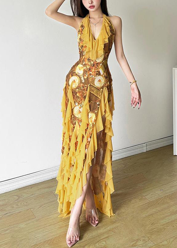 Print Open Sleeveless Yellow Sexy Ruffled Front Dress Tulle