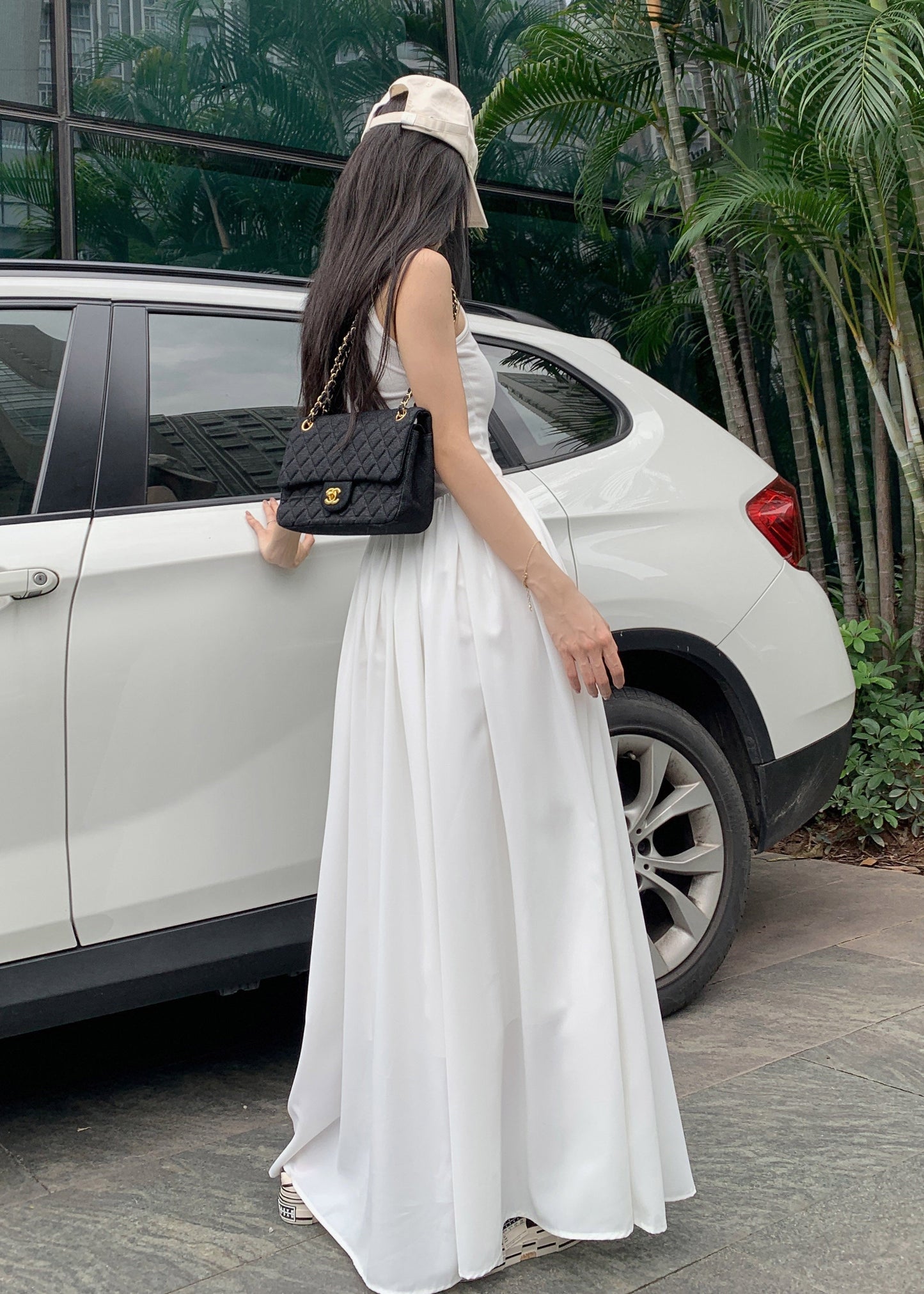 Silm Fit White Patchwork Cotton Holiday Dress Sleeveless TZ006