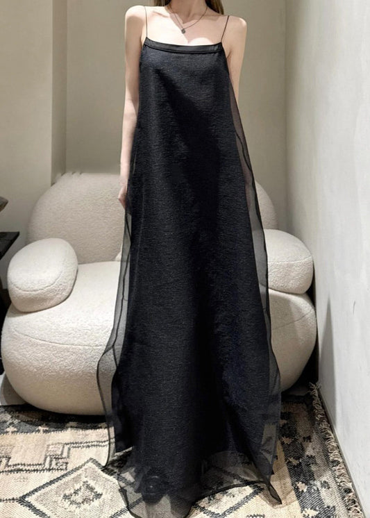 Simple Solid Shoulder Strap Tulle Spaghetti Cold Dress Black