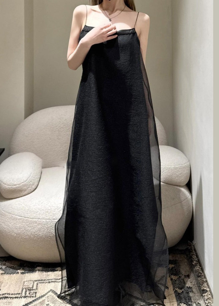 Simple Solid Shoulder Strap Tulle Spaghetti Cold Dress Black