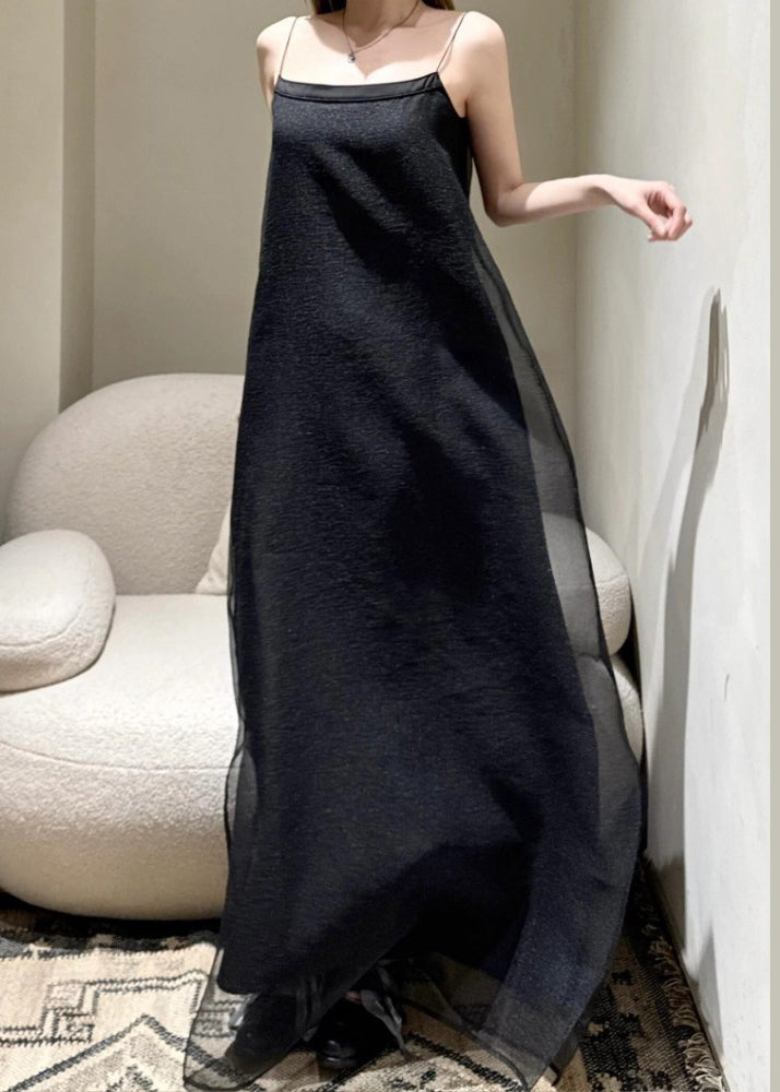 Simple Solid Shoulder Strap Tulle Spaghetti Cold Dress Black
