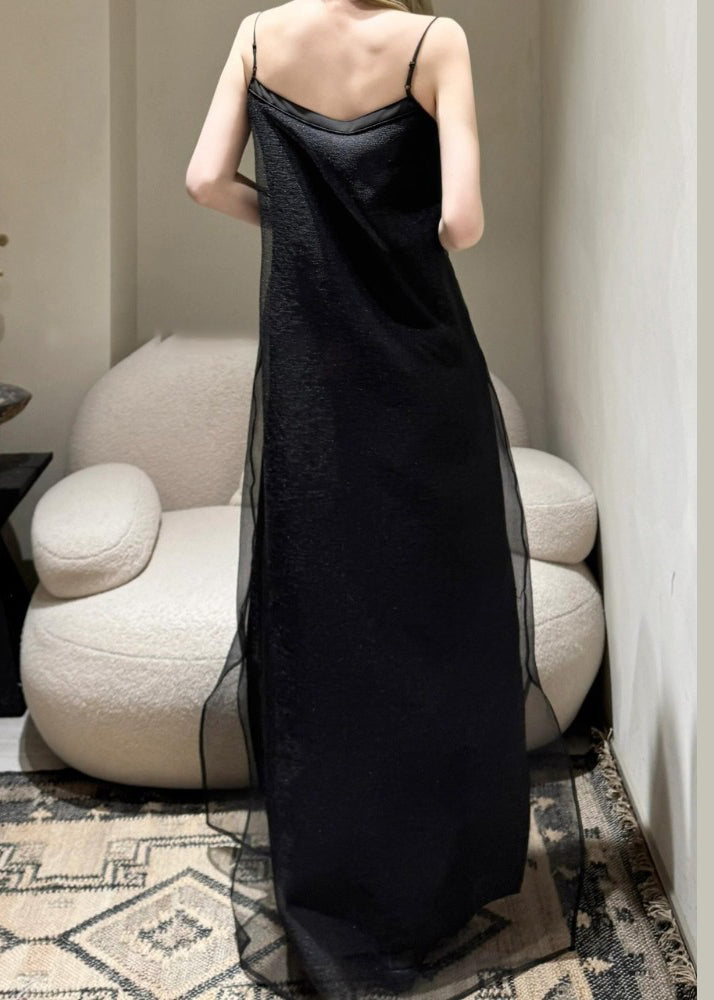 Simple Solid Shoulder Strap Tulle Spaghetti Cold Dress Black