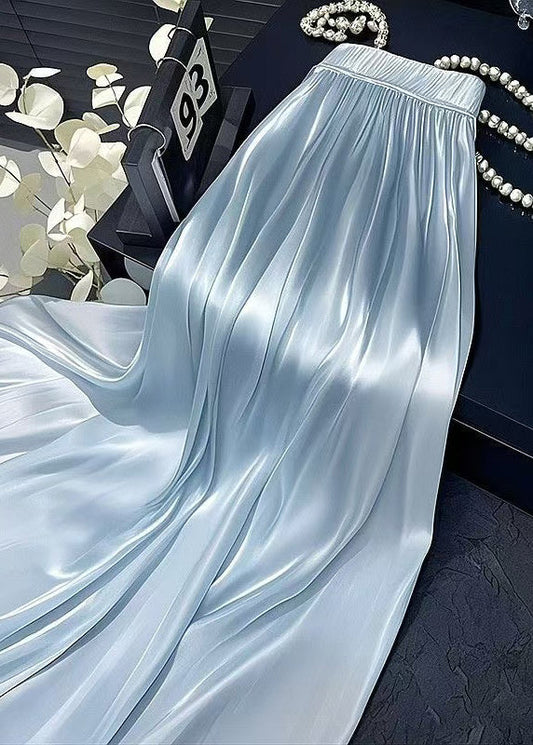 Wrinkled Summer Elastic Silk Simple Skirt Waist Solid Blue