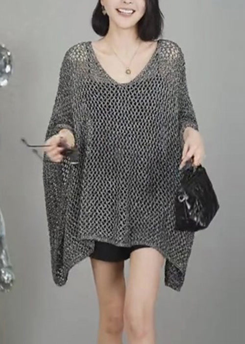 Hollow T Neck Knit Sleeve Grey Simple V Batwing Out Shirts
