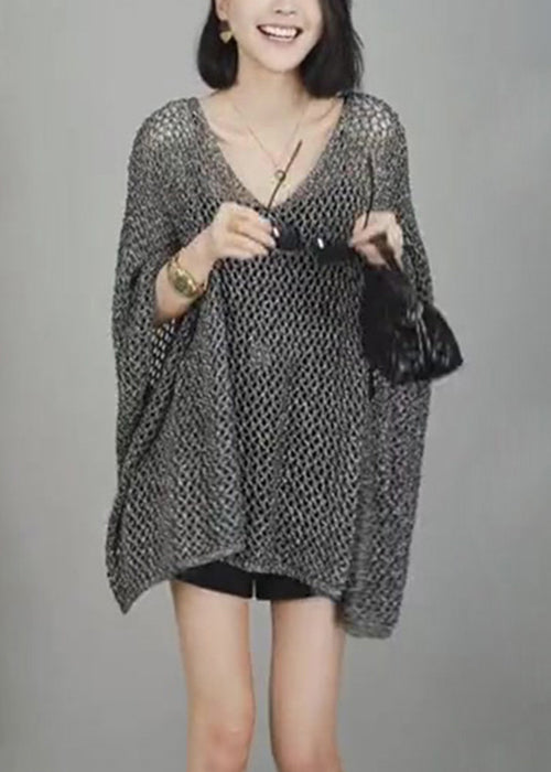 Hollow T Neck Knit Sleeve Grey Simple V Batwing Out Shirts
