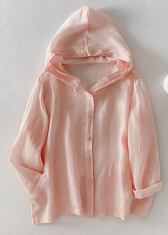 Shirt Pockets Simple Pink Button Cotton Hooded Fall