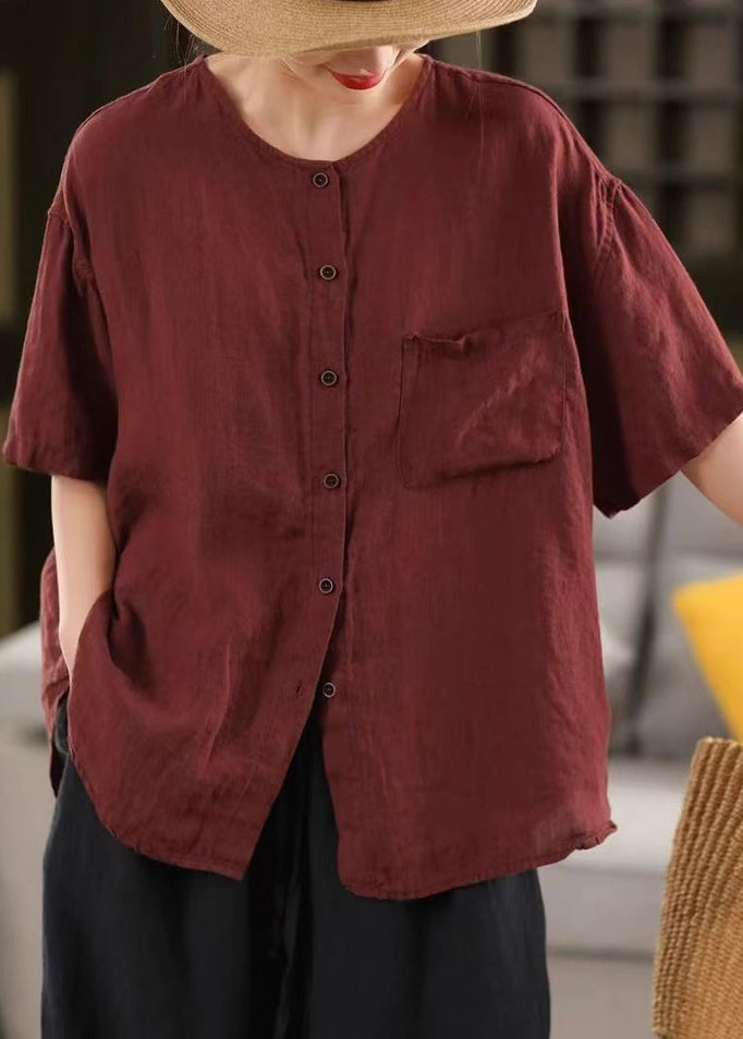 Linen Button Simple Red Pockets Shirt Neck Summer O