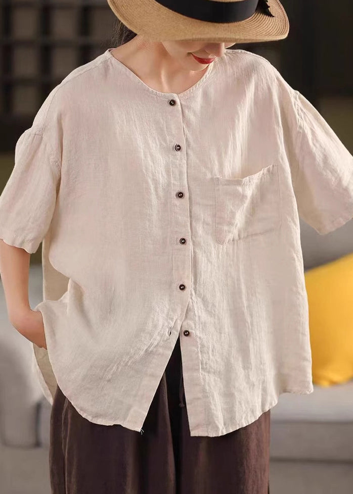 Linen Button Simple Red Pockets Shirt Neck Summer O