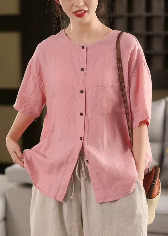 Linen Button Simple Red Pockets Shirt Neck Summer O