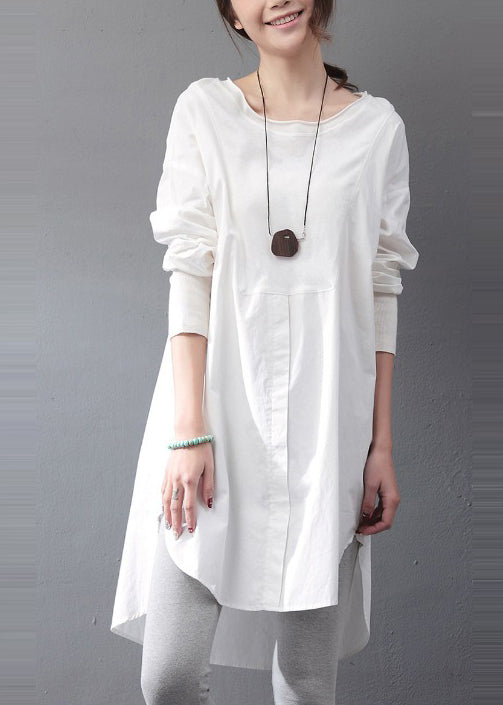 Day Dress White Cotton Oversized Side Open Fall Simple