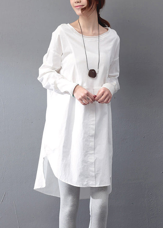 Day Dress White Cotton Oversized Side Open Fall Simple