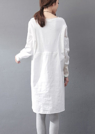 Day Dress White Cotton Oversized Side Open Fall Simple