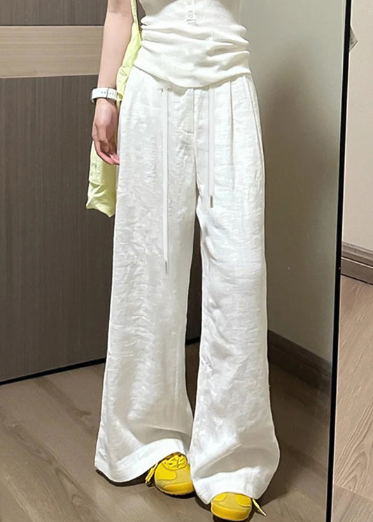 Pockets Waist Simple Linen Fall Pants Elastic White