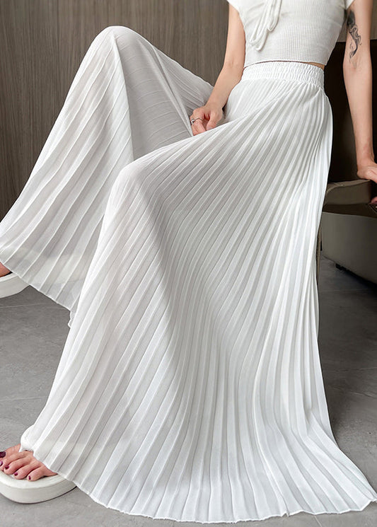 Pants Wrinkled Simple Summer Waist White Chiffon Elastic