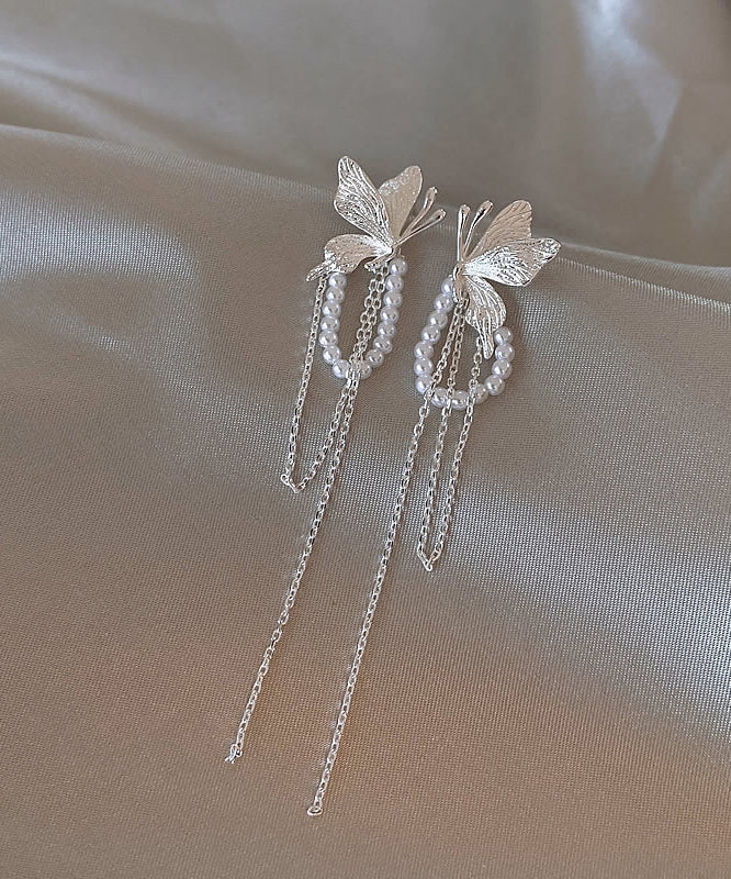 Tassel Skinny Alloy Drop Earrings Silk Butterfly Pearl Copper