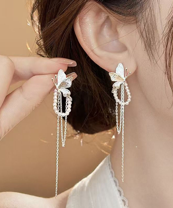 Tassel Skinny Alloy Drop Earrings Silk Butterfly Pearl Copper