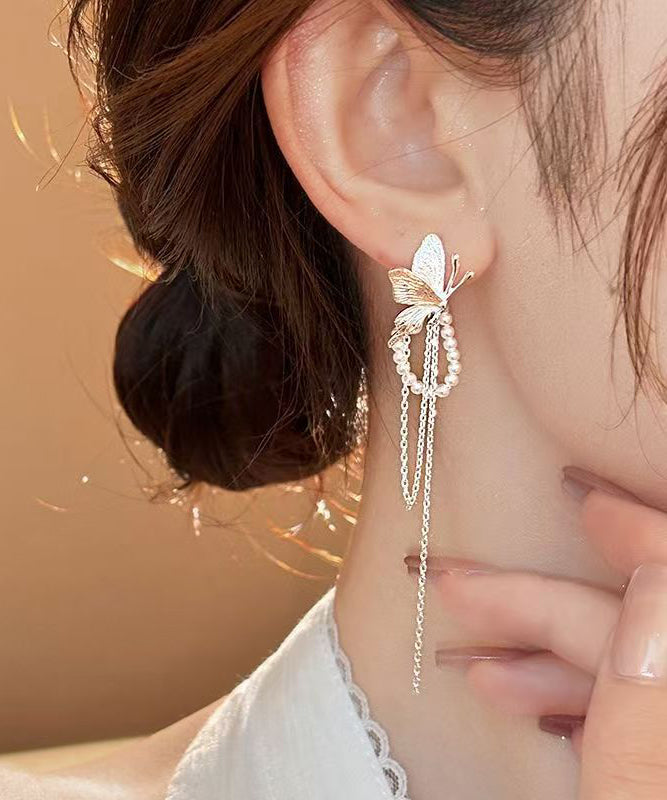 Tassel Skinny Alloy Drop Earrings Silk Butterfly Pearl Copper