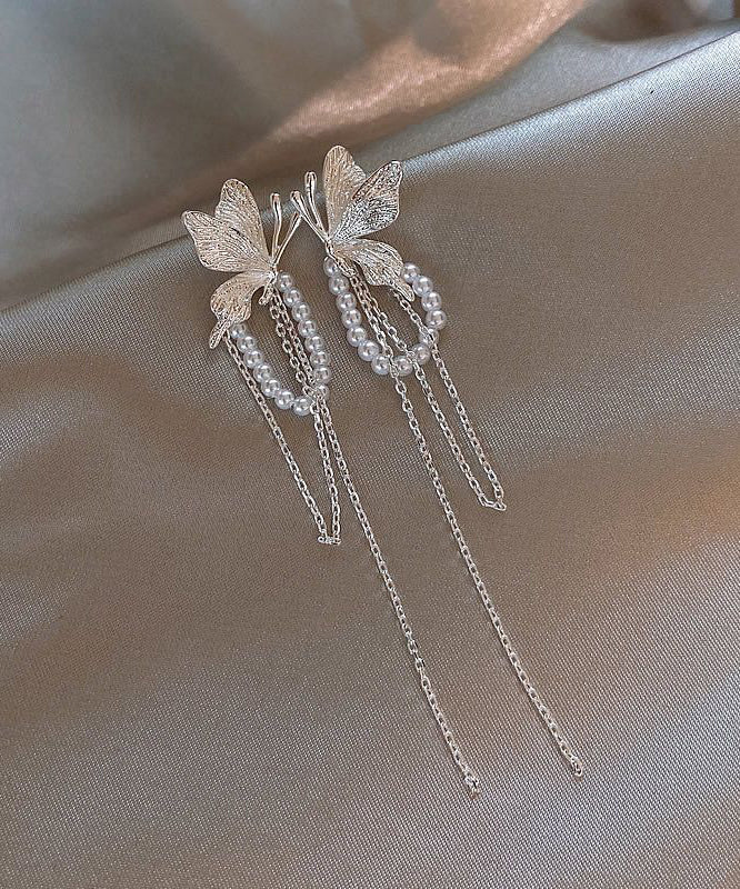 Tassel Skinny Alloy Drop Earrings Silk Butterfly Pearl Copper