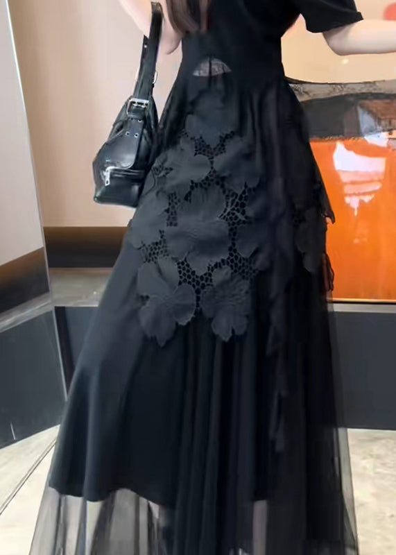 Hollow Slim Tulle Patchwork Out Black Summer Skirt Fit