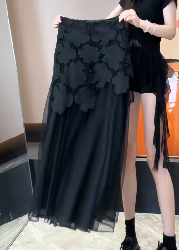 Hollow Slim Tulle Patchwork Out Black Summer Skirt Fit