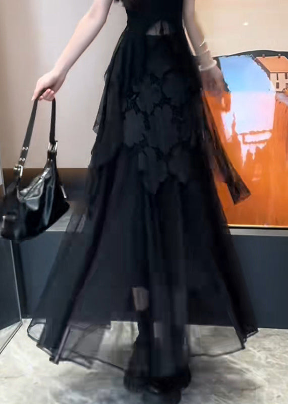 Hollow Slim Tulle Patchwork Out Black Summer Skirt Fit