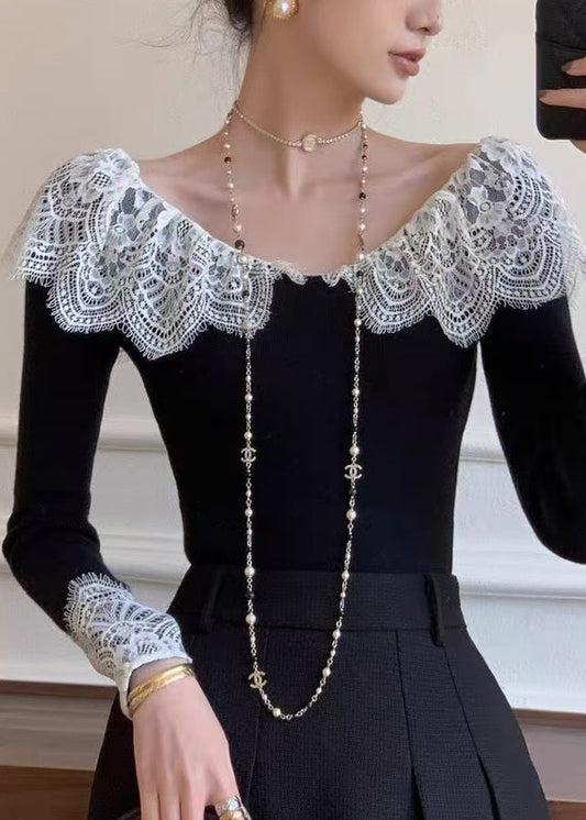 Fall Cotton Patchwork Lace Black Slim T Fit Shirt