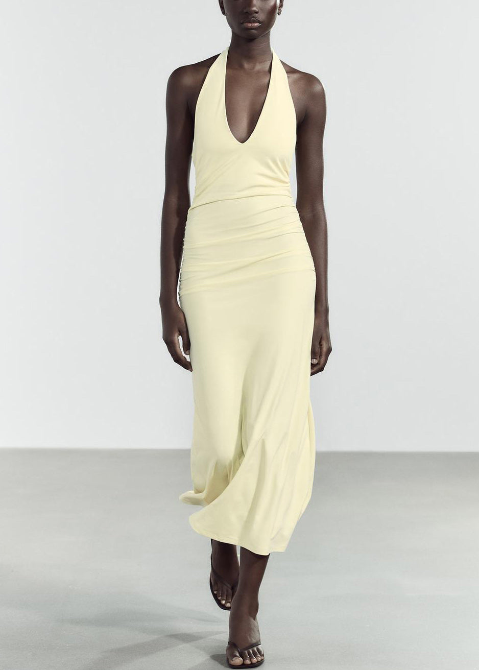 Light V Neck Fit Slim Dress Cotton Long Backless Yellow